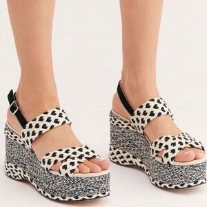 Free People Dolce Platform Wedge Woven Black White Boho Espadrille Sandal Shoes
